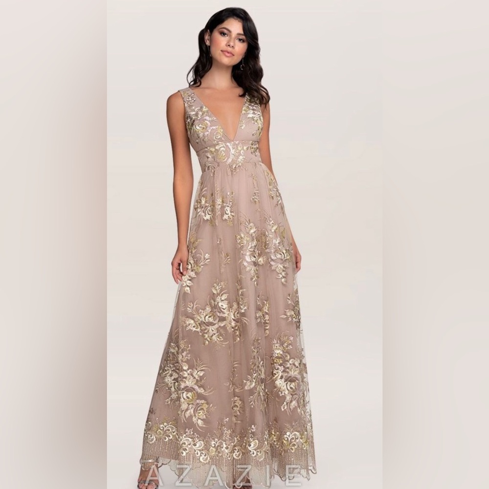 Azazie: Romantic Adventure Dusty Rose Embroidery Maxi Dress (Medium)